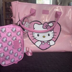 Hello Kitty Bioworld 3pc Travel Set Pink Glitter Tote Crossbody‎ Luggage Tag NEW